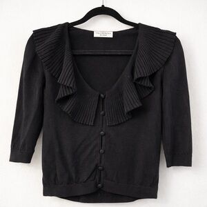 Valentino Roma Black Ribbed Ruffle Collar Cardigan Sweater